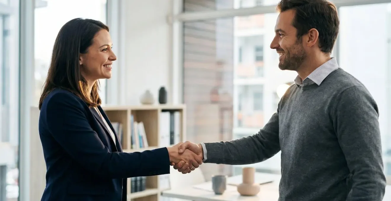 Une avocate et un entrepreneur se serrent la main dans un bureau lumineux, symbolisant un accompagnement juridique de confiance sur le long terme