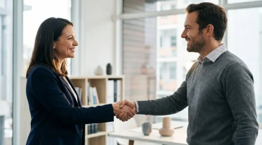 Une avocate et un entrepreneur se serrent la main dans un bureau lumineux, symbolisant un accompagnement juridique de confiance sur le long terme