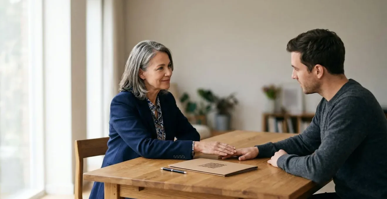 Deux personnes finalisant la signature d'un accord amiable sur une table en bois, dans une ambiance de résolution de conflit apaisée
