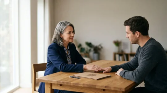 Deux personnes finalisant la signature d'un accord amiable sur une table en bois, dans une ambiance de résolution de conflit apaisée