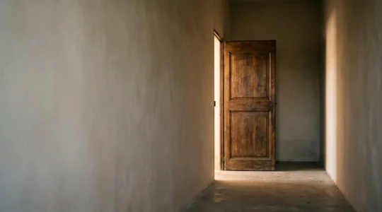 Porte en bois entrouverte laissant filtrer une lumière douce dans un couloir sombre, symbolisant une issue juridique face à un blocage personnel