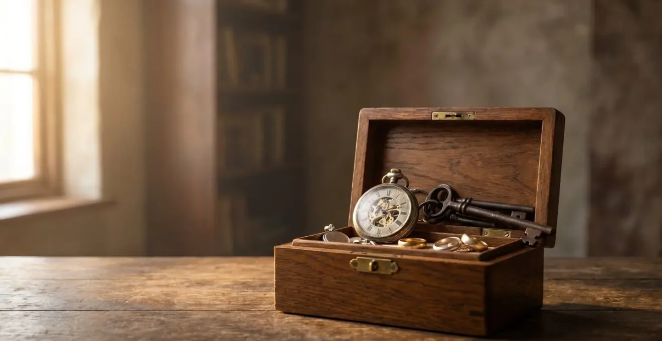 Coffret en bois ouvert révélant des clés, une montre ancienne et des bijoux de famille, symbolisant le recensement d'un patrimoine à léguer