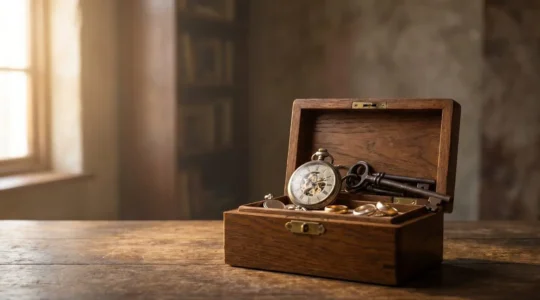 Coffret en bois ouvert révélant des clés, une montre ancienne et des bijoux de famille, symbolisant le recensement d'un patrimoine à léguer