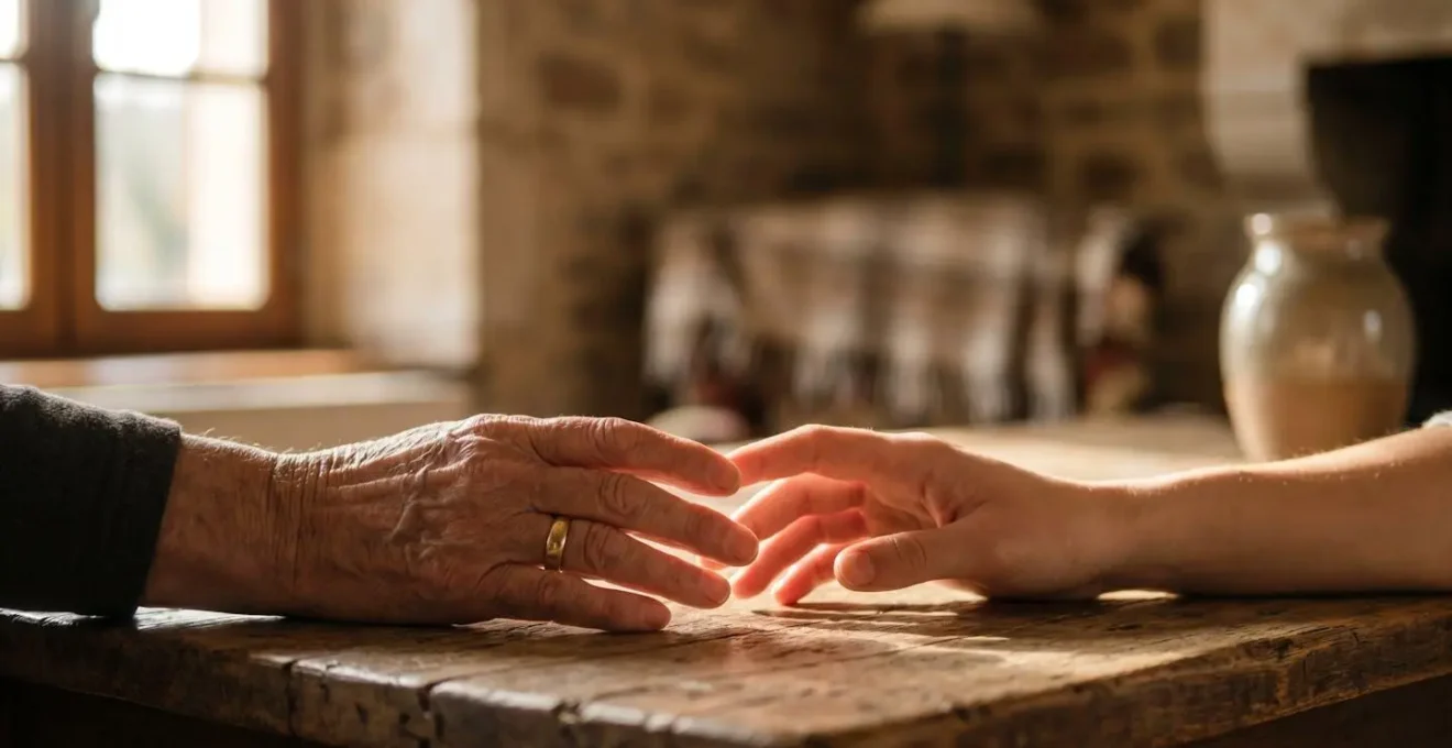 Deux mains adultes qui se rapprochent au-dessus d'une table en bois, symbolisant la reconstruction du dialogue familial après un conflit juridique en France