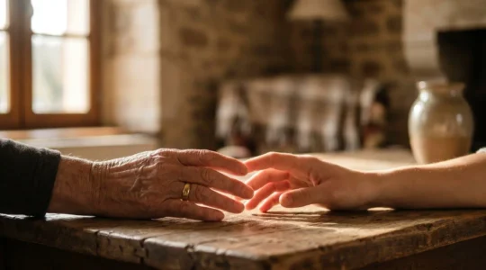 Deux mains adultes qui se rapprochent au-dessus d'une table en bois, symbolisant la reconstruction du dialogue familial après un conflit juridique en France