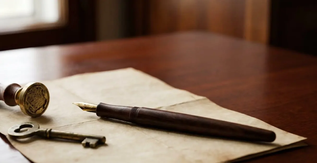 Stylo plume posé sur un document ancien avec un sceau de cire, symbolisant la rédaction d'un testament en France