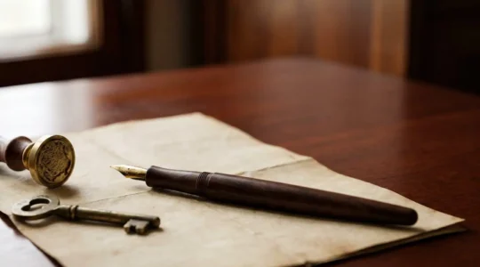Stylo plume posé sur un document ancien avec un sceau de cire, symbolisant la rédaction d'un testament en France