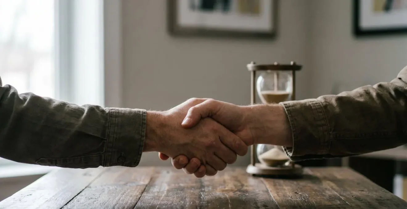 Deux mains adultes se serrant au-dessus d'une table en bois, symbolisant un accord trouvé en médiation plutôt qu'au tribunal