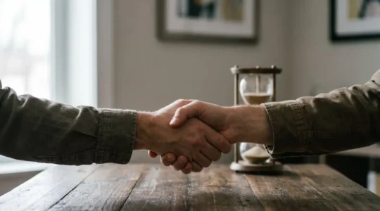 Deux mains adultes se serrant au-dessus d'une table en bois, symbolisant un accord trouvé en médiation plutôt qu'au tribunal