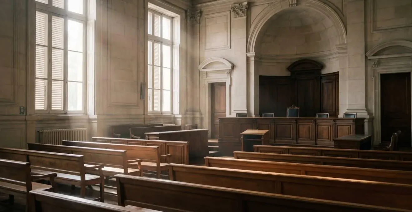Salle d'audience française baignée de lumière naturelle symbolisant la rigueur des procédures judiciaires