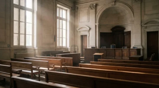 Salle d'audience française baignée de lumière naturelle symbolisant la rigueur des procédures judiciaires