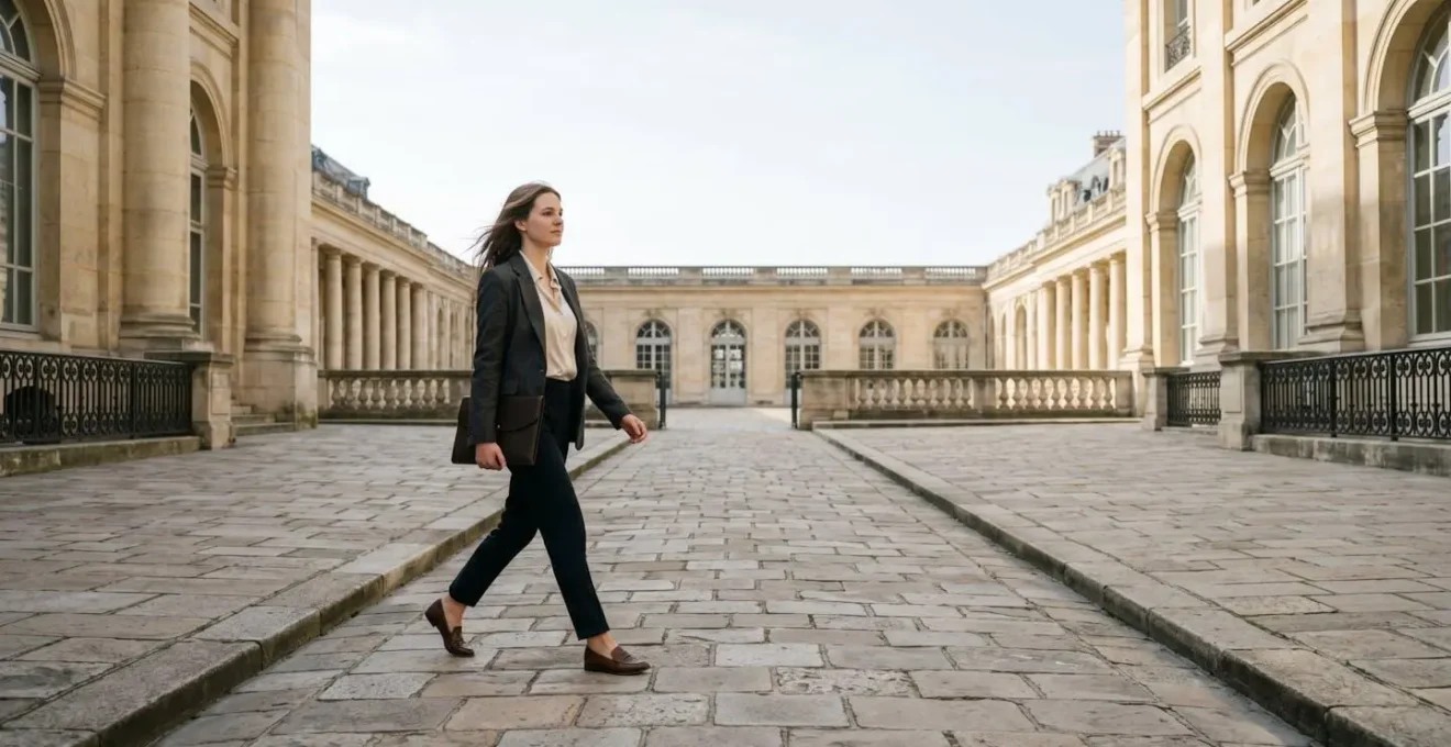 Jeune diplome traversant une cour monumentale symbolisant le passage vers la haute fonction publique