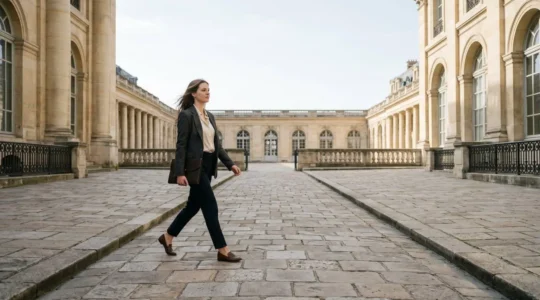 Jeune diplome traversant une cour monumentale symbolisant le passage vers la haute fonction publique