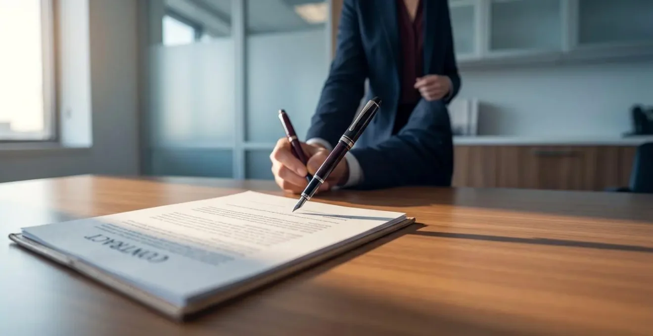 Scène professionnelle illustrant la conclusion d'un contrat avec documents et stylos dans un environnement juridique moderne