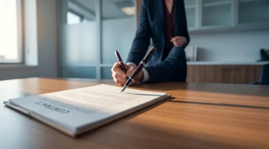 Scène professionnelle illustrant la conclusion d'un contrat avec documents et stylos dans un environnement juridique moderne