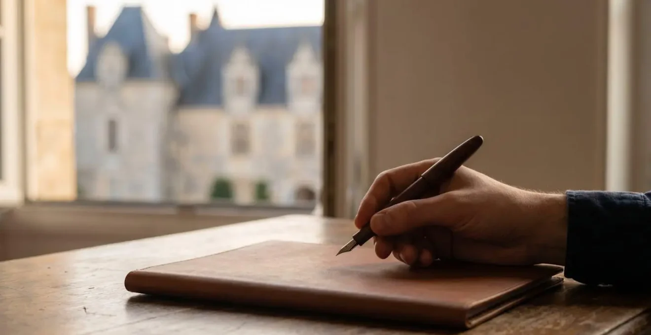 Une main tenant un stylo au-dessus d'un dossier de vente immobilière fermé, dans un cadre lumineux évoquant la sécurité juridique