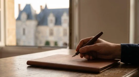 Une main tenant un stylo au-dessus d'un dossier de vente immobilière fermé, dans un cadre lumineux évoquant la sécurité juridique