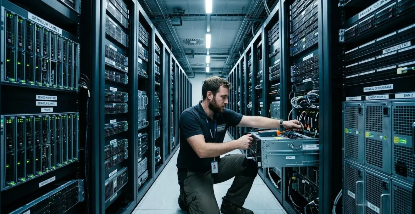 Technicien informatique effectuant une maintenance sur des serveurs d'entreprise dans un datacenter moderne avec rangées de racks professionnels