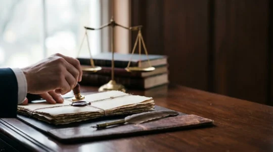 Sceau de cire doré posé sur une pile de documents juridiques symbolisant la force probante d'un acte en France