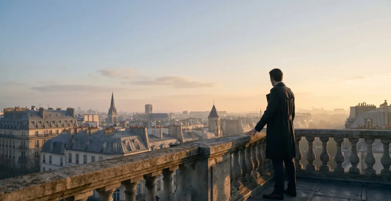 Silhouette d'un dirigeant français observant un horizon urbain en pleine mutation, symbolisant la veille constante face à l'évolution des normes juridiques