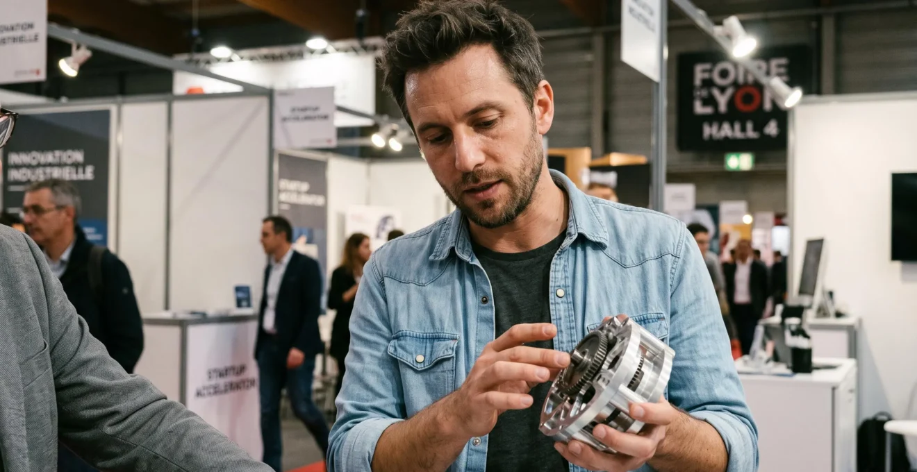 Un fondateur de startup présente le prototype de son innovation à un visiteur sur un stand de salon professionnel en France.